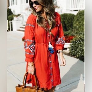 Loft Red Long Sleeve Dress Aztec Embroidery Tassels Button Front Size M